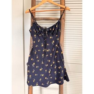 Audrey 3+1 Floral Mini Dress Navy Yellow Tie Front Sleeveless Summer Casual XS